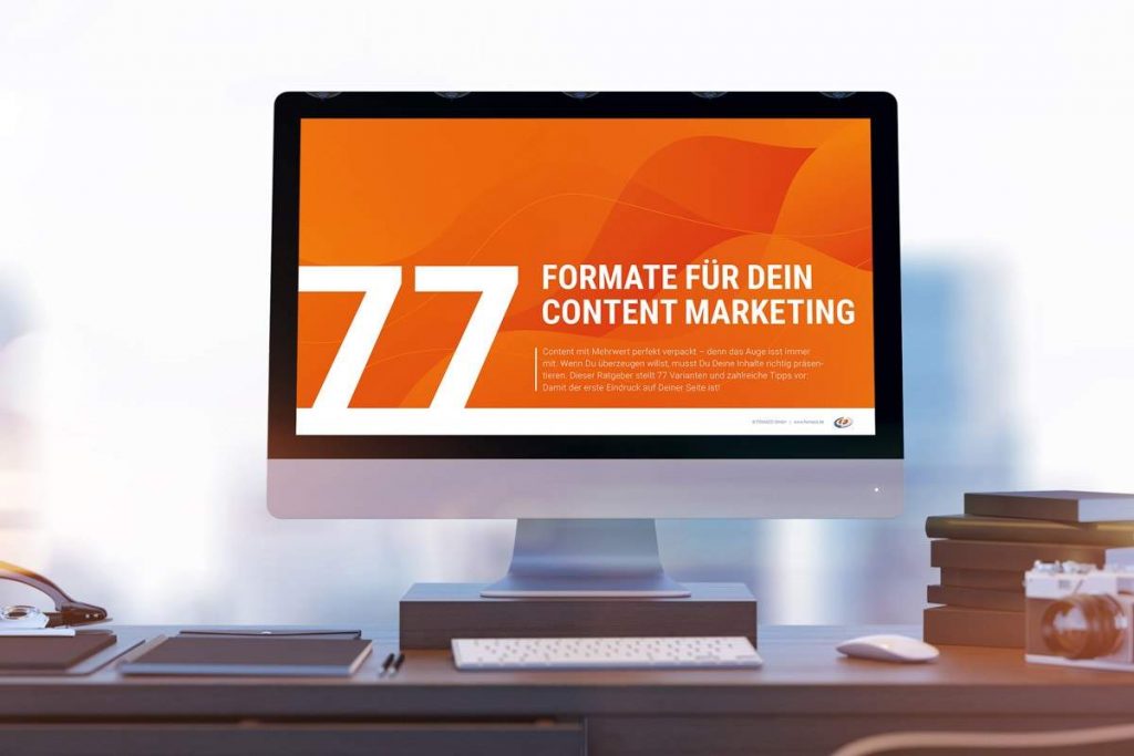 Mockup-Vorschaubild zum Gratis-Ratgeber „77 Formate für Dein Content Marketing“